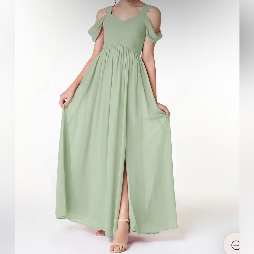 AZAZIE LIANNE JUNIOR Dusty Sage A-Line Off the Shoulder Chiffon Dress